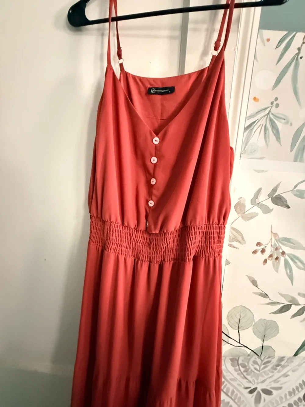 Women’s Coral Red Maxi Dress with Smocked Waist and Buttons - Picture 3 of 4